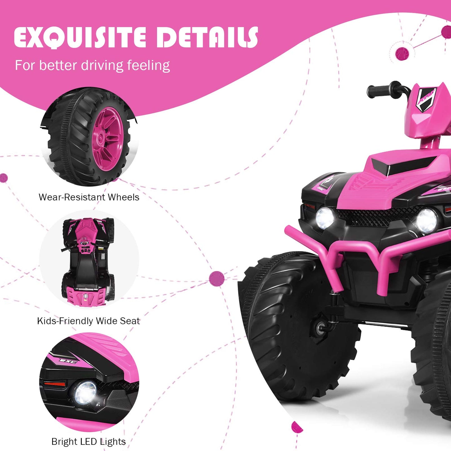 Costzon Kids Atv, 12V Battery Powered Electric Vehicle W/Led Lights, High & Low Speed, Horn, Music, Usb, Treaded Tires, Ride On Car 4 Wheeler Quad For Boys & Girls Gift, Ride On Atv (Pink)