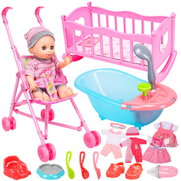 HOLYFUN 12'' Baby Doll Playset Pretend Play Baby Care Toy with Stroller, Crib, Bathtub, Clothes and Accessories for Girls