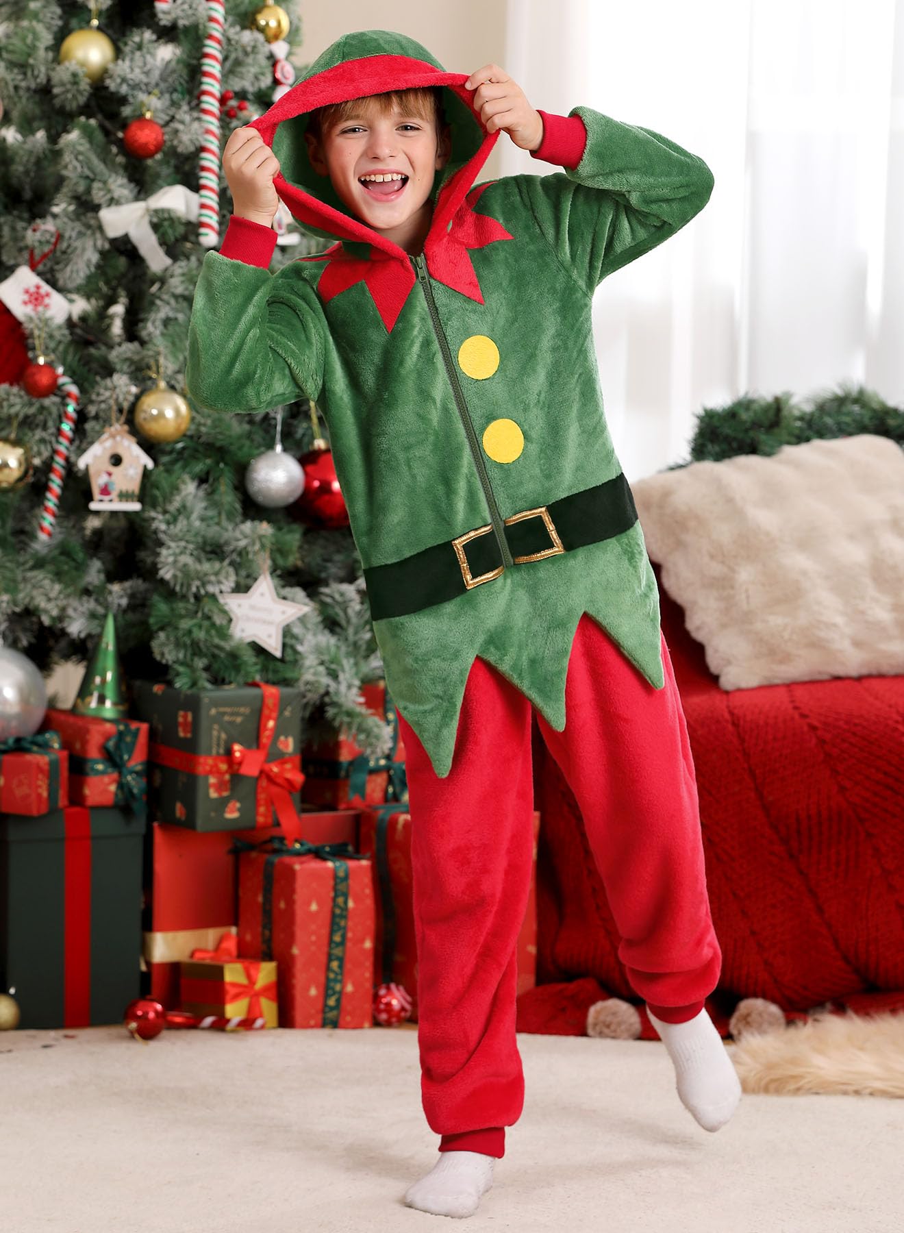 Iimmer Christmas Kids Warm Party Elf Pullove Jumpsuit Santa'S Helper Hodded Ugly Onesie Red And Green 8 Years