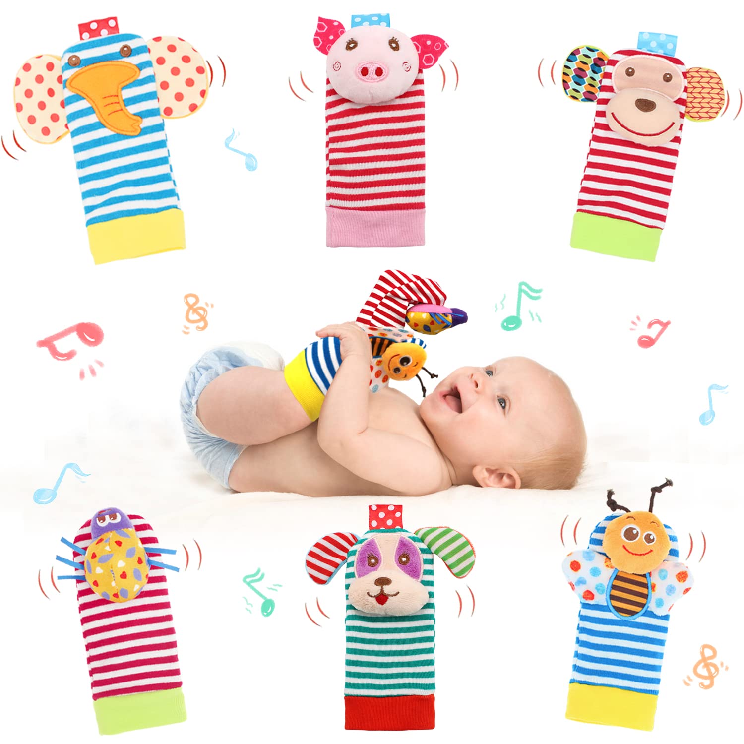 Bloobloomax Baby Infant Rattle Socks Toys, Sock Rattles For Babies 0-24 Months Baby Animal Foot Finder Learning Toy (Cotton C)