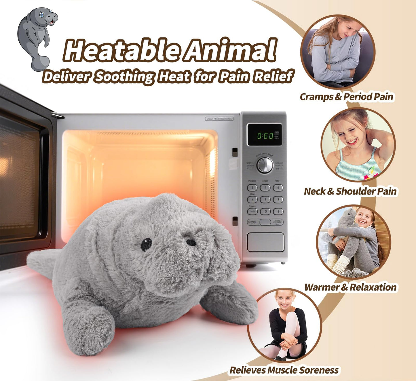 Cuckool Manatee Stuffed Animal - Gray Plush, 16"x8.5"x5", Microwavable Lavender Scent Toy for Kids & Adults