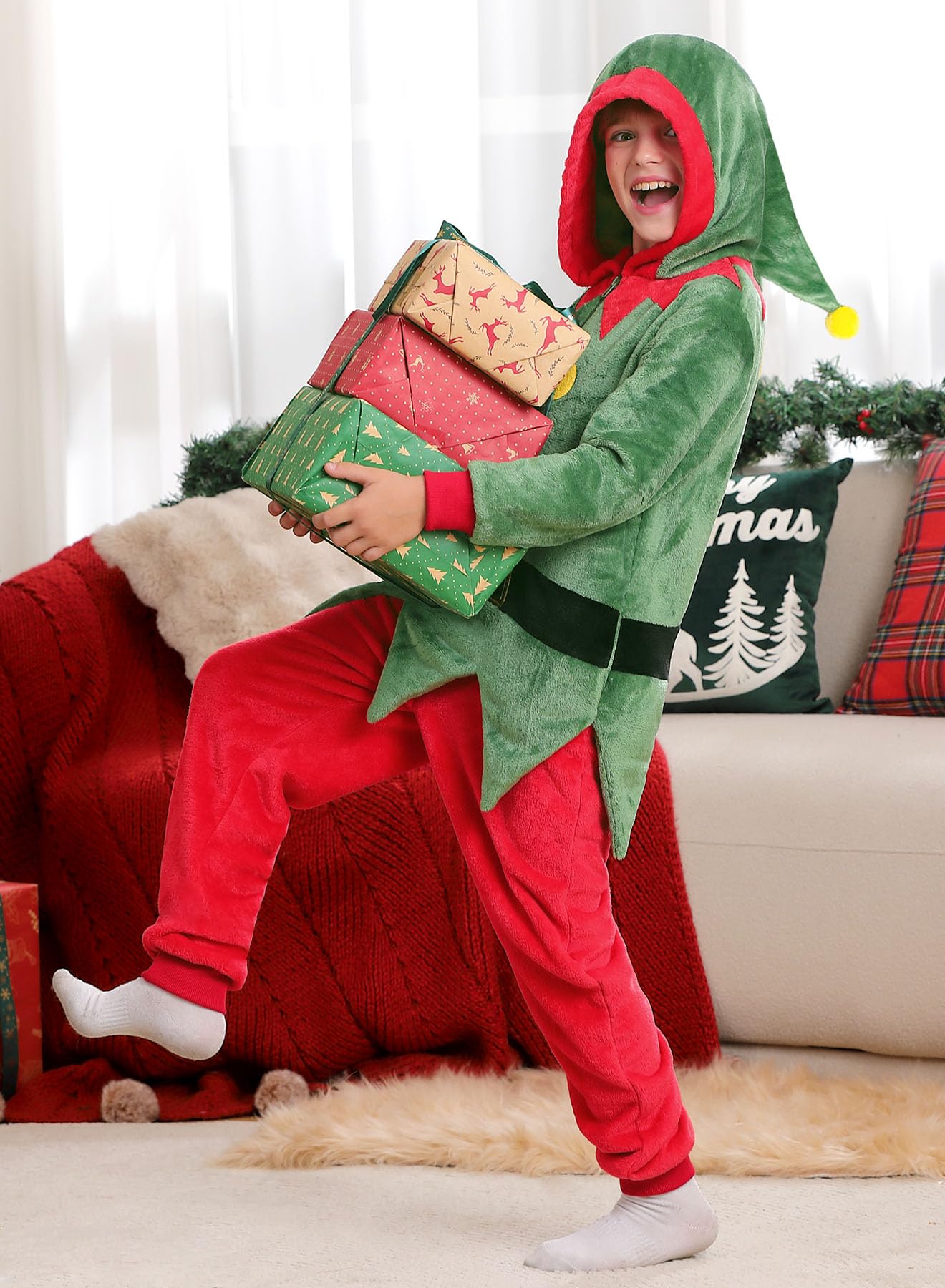 Iimmer Christmas Kids Warm Party Elf Pullove Jumpsuit Santa'S Helper Hodded Ugly Onesie Red And Green 8 Years