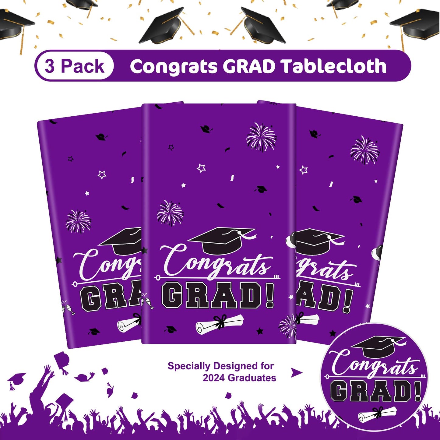 3 Pcs Graduation Tablecloth - Congrats Grad Table Cloth For Class Of 2024, Disposable Plastic Rectangle Grad Table Cover For Graduation Party Decorations 2024 And Party Supplies, 54 X 108 Inch, Purple