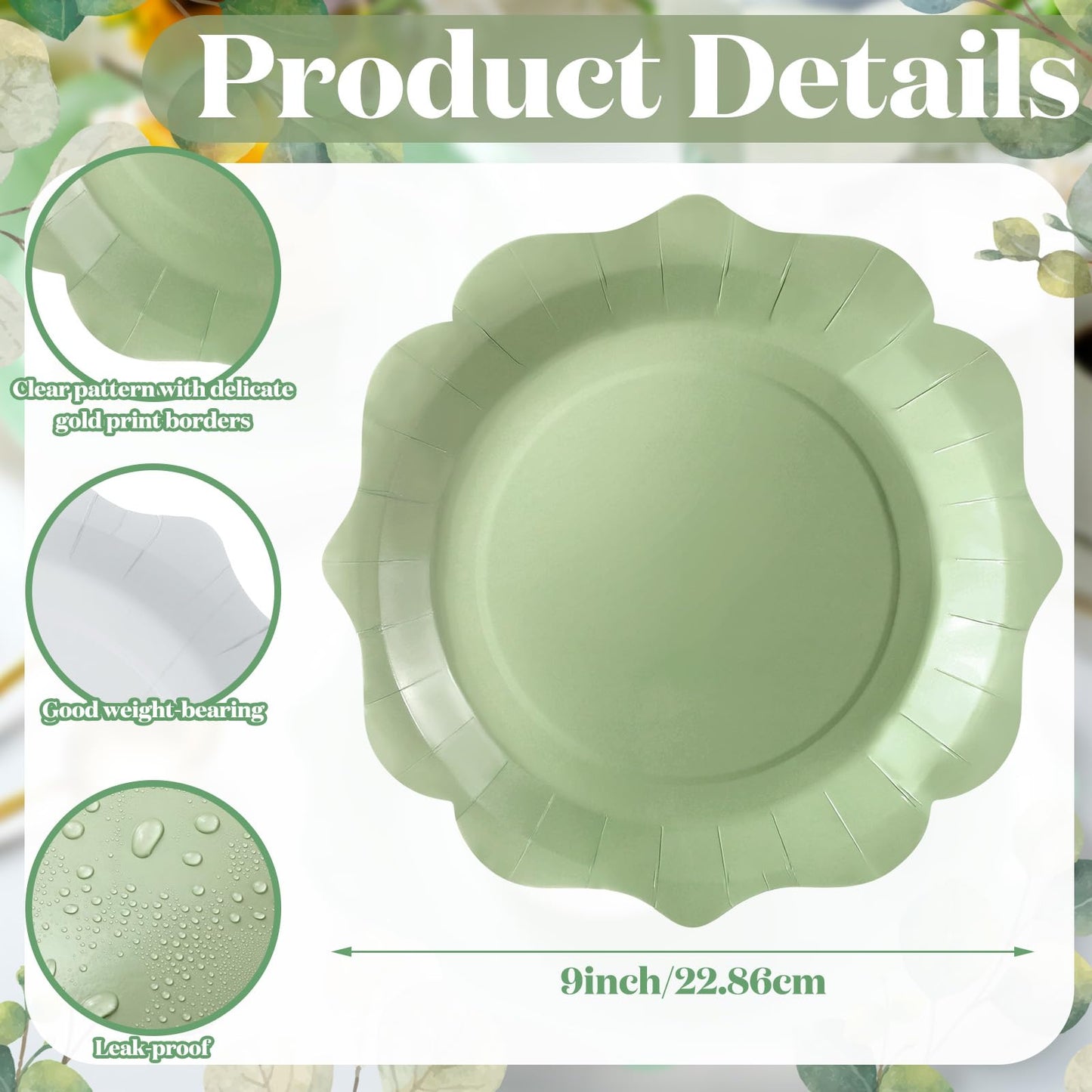 Mifoci 100 Pcs Sage Green Paper Plates Green Scalloped Edge Paper Plates 9 inches Disposable Serving Tray Sage Green Dessert Pla