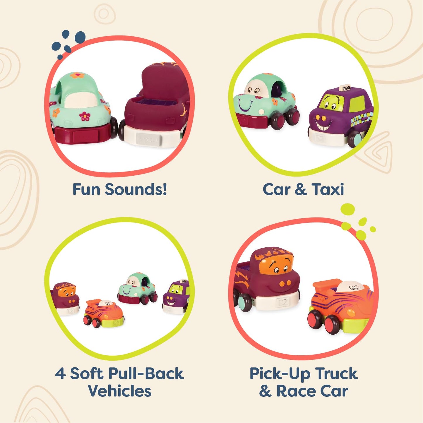 B. toys - Wheeee - ls Soft Pull - Back Cars - Set of 4 Baby & Toddler Vehicles - Fun & Colorful Animal Designs - Early Developme