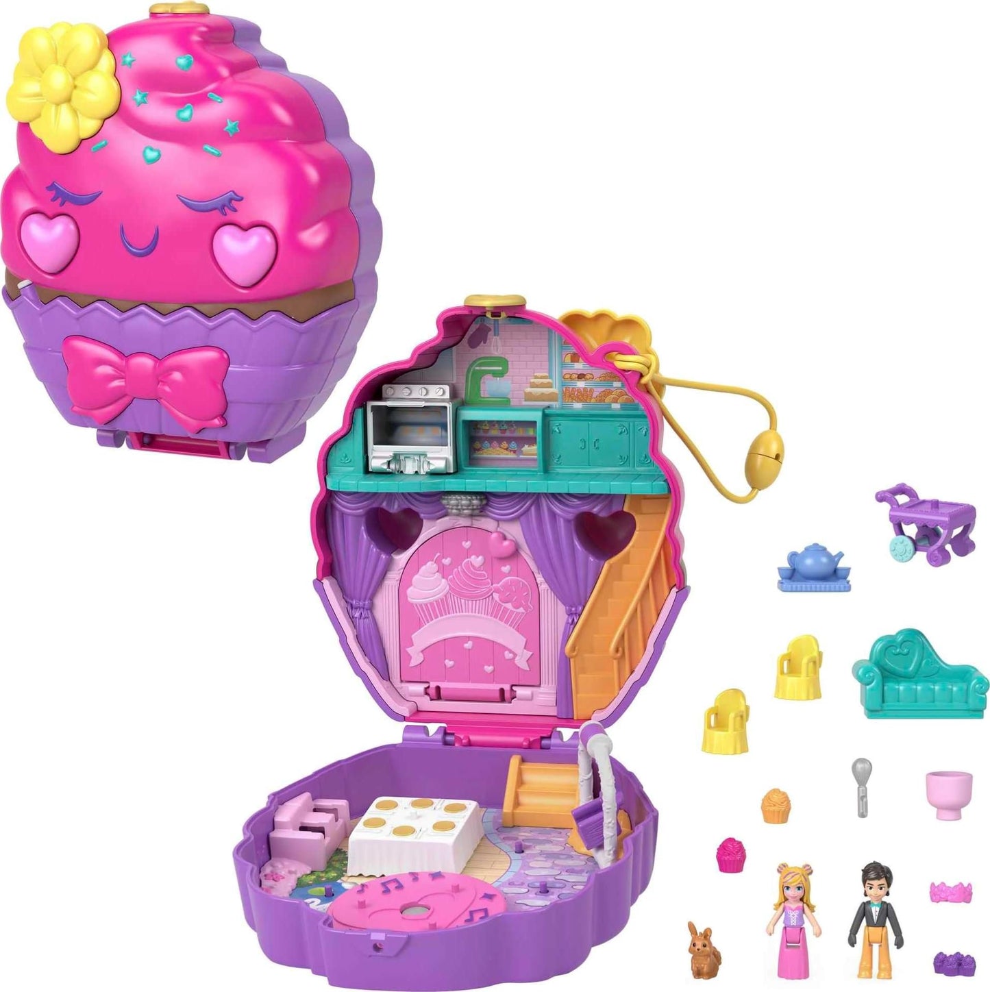 Polly Pocket Compact Playset - Something Sweet Cupcake, 15 Pieces, Multicolor, Includes 2 Micro Dolls & Accessories, Model HKV31