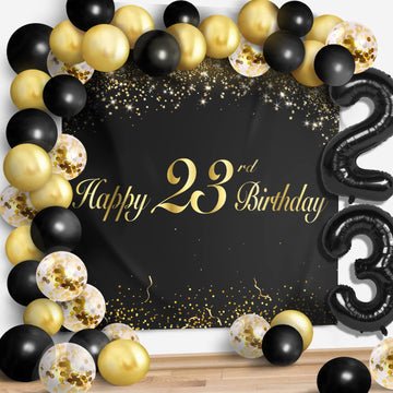 Happy 23Rd Birthday Balloons Black Set Decor - Cheers To 23 Years Old Party Theme Garland Banner Backdrop Decorations For Women
