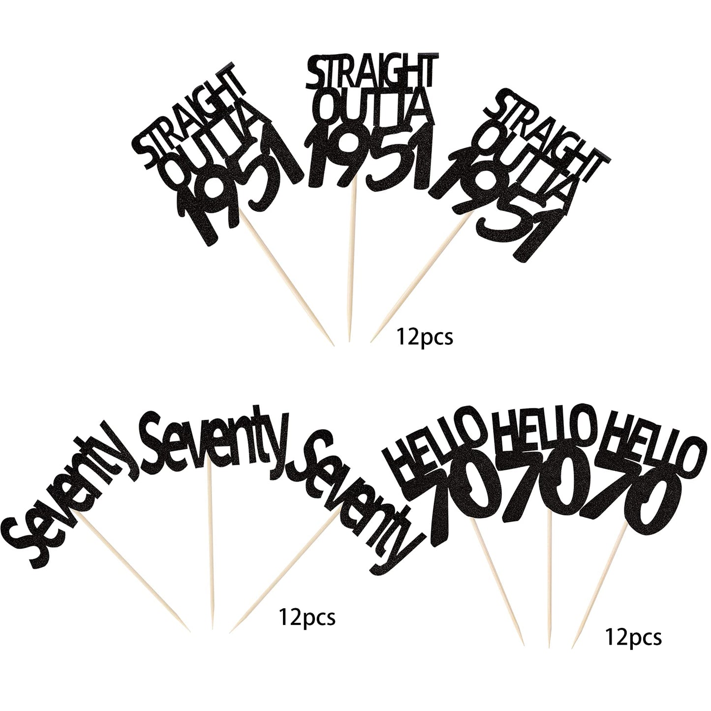 Festiko36 Pcs Black 70Th Birthday Cupcake Toppers Glitter Seventy Hello 70 Straight Outta 1951 Cupcake Picks 70Th Birthday Anniv
