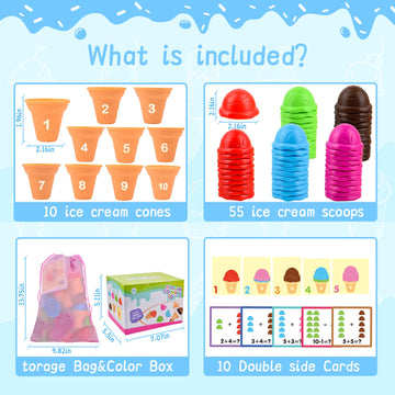 Sotodik Ice Cream Counting & Color Sorting Toys for Kids, Montessori Learning, Fine Motor Skills, Multicolor, Ages 3-5