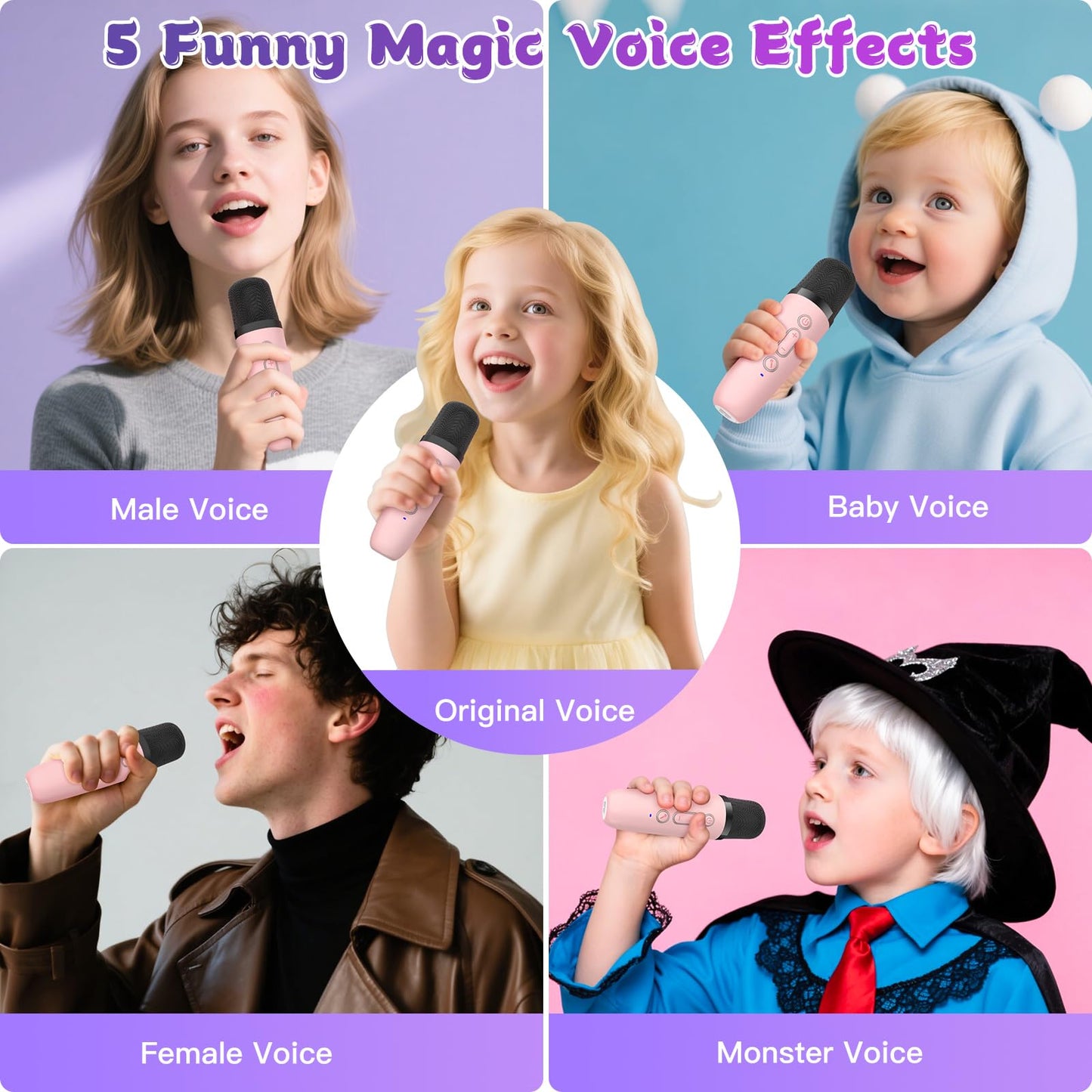 Haomuren Mini Karaoke Machine for Kids, Bluetooth Speaker with 2 Microphones, LED Lights, Pink, Model K12, Perfect Birthday Gift for Ages 3-12