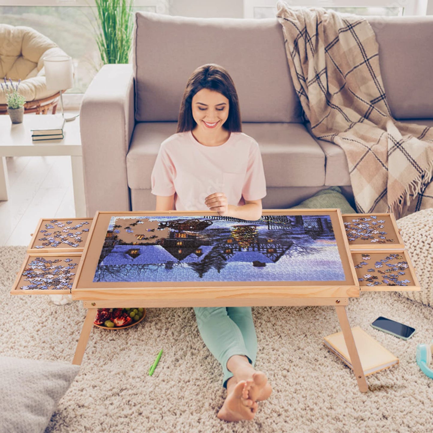 Puzzle Board 1500 Pieces,34.3”X 26.5” Jigsaw Puzzle Table With 4 Drawers And Cover,Portable Board Gametable With Folding Legs For Adults And Teens