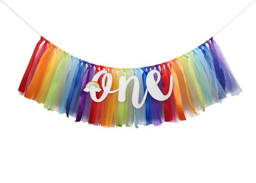 Rainbow Highchair Banner Decoration For Baby - Party Theme Pull Flag, High Chair Fabric Garland, One First Birthday Banner, Phot