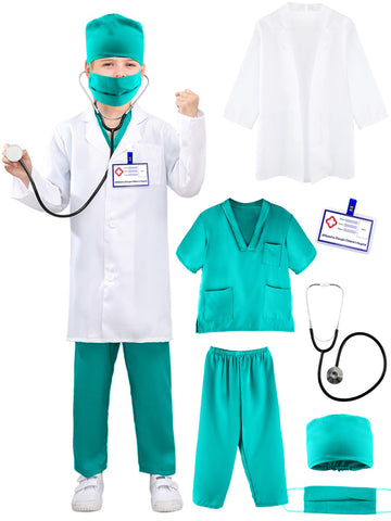 Puteraya Kids Doctor Costume Set Surgical Doctor Suit Uniform With Stethoscope Toys For Boys Girls Dress Up Halloween Cosplay