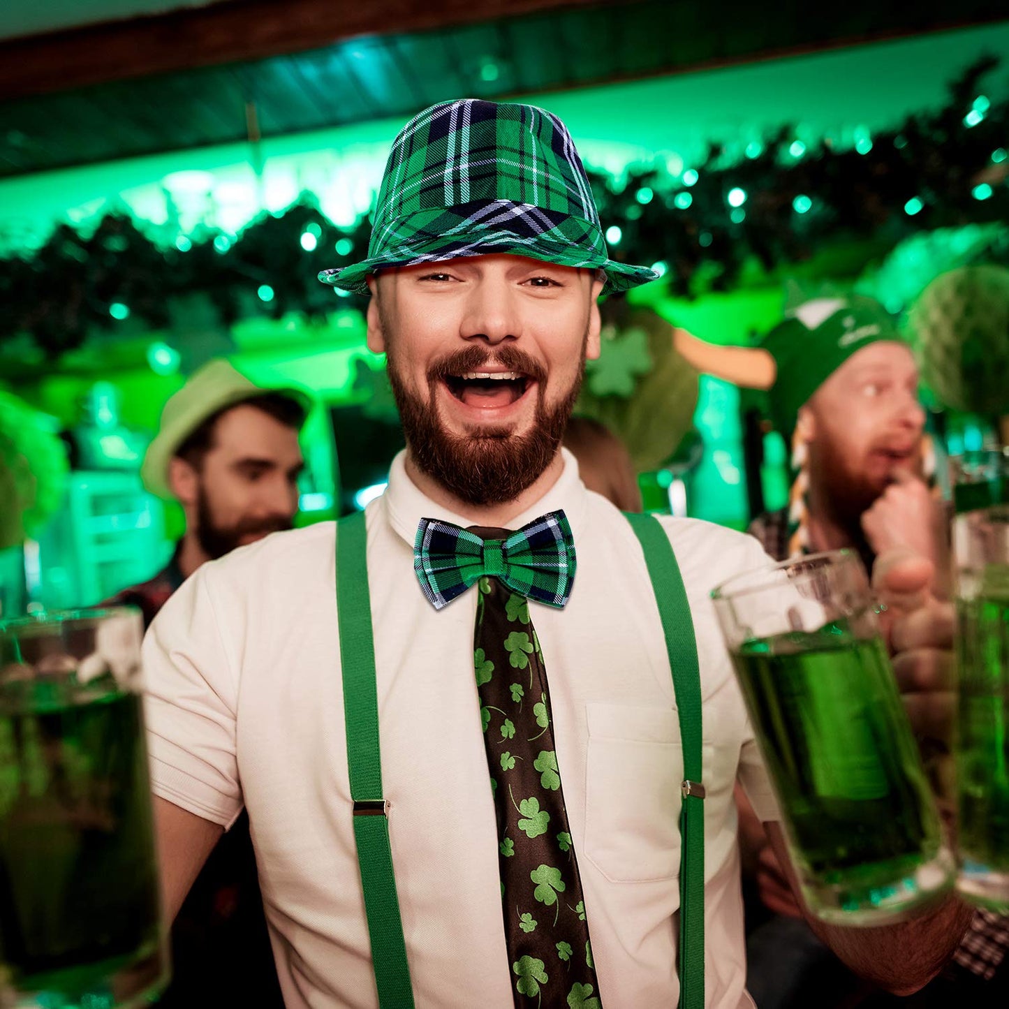 Zhanmai St. Patricks Day Hat Green Plaid and Bow Green Cowboy Top Hat Mardi Gras Irish Party Accessory Set for Men Women Suppli