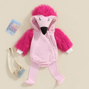 Bonangber Newborn Halloween Costumes Toddler Flamingo Costume Velvet Sleeves Hooded Romper Stockings Cute Cosplay Costume(B-Pink