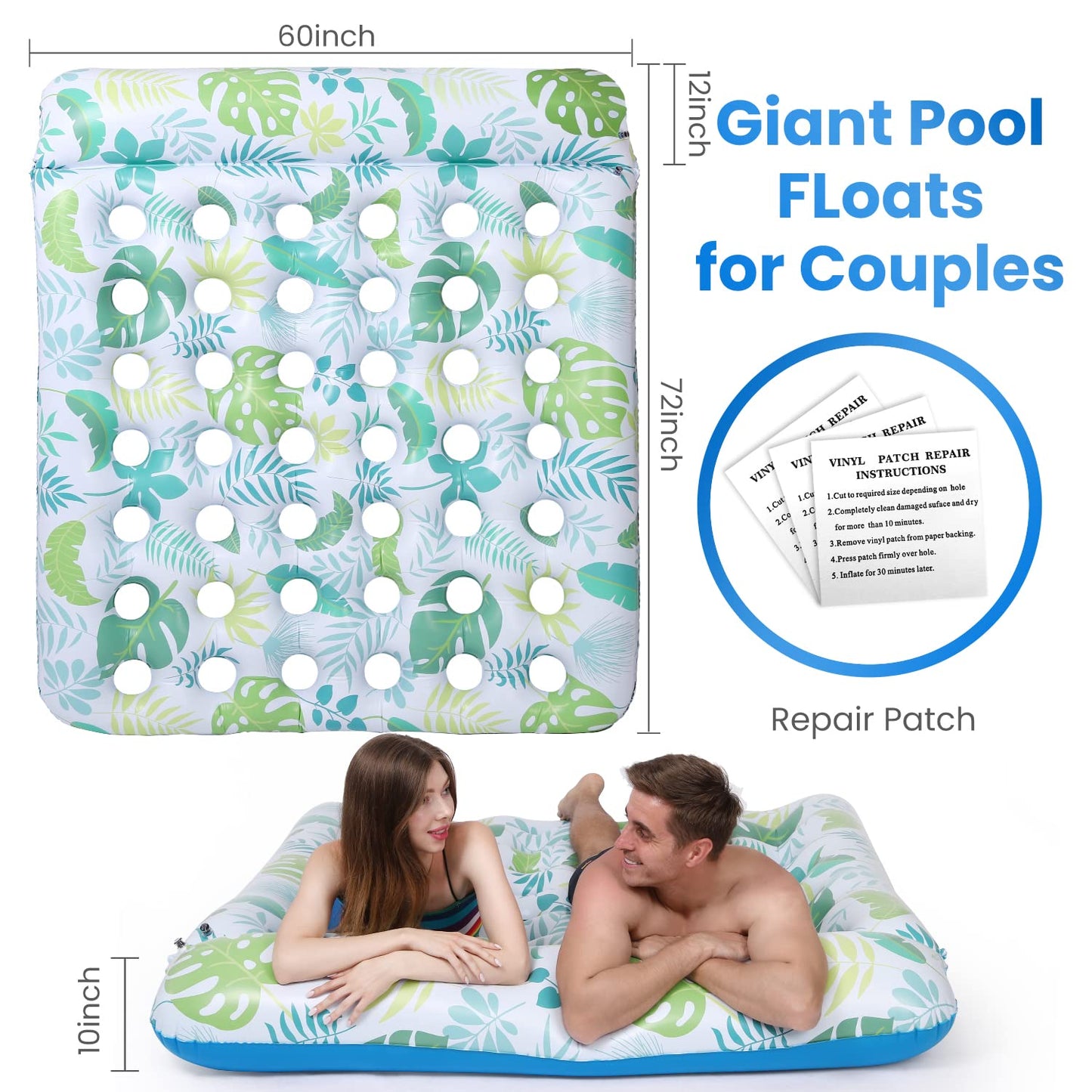 Ocestar Inflatable Pool Float Mat  72  X 60  Giant Pool Floats mature-themed Size with Headrest Lake Float Raft Water Lounger  Oversized Floating for Swimming Pool Tanning Pool for Summer Beach (Blue)