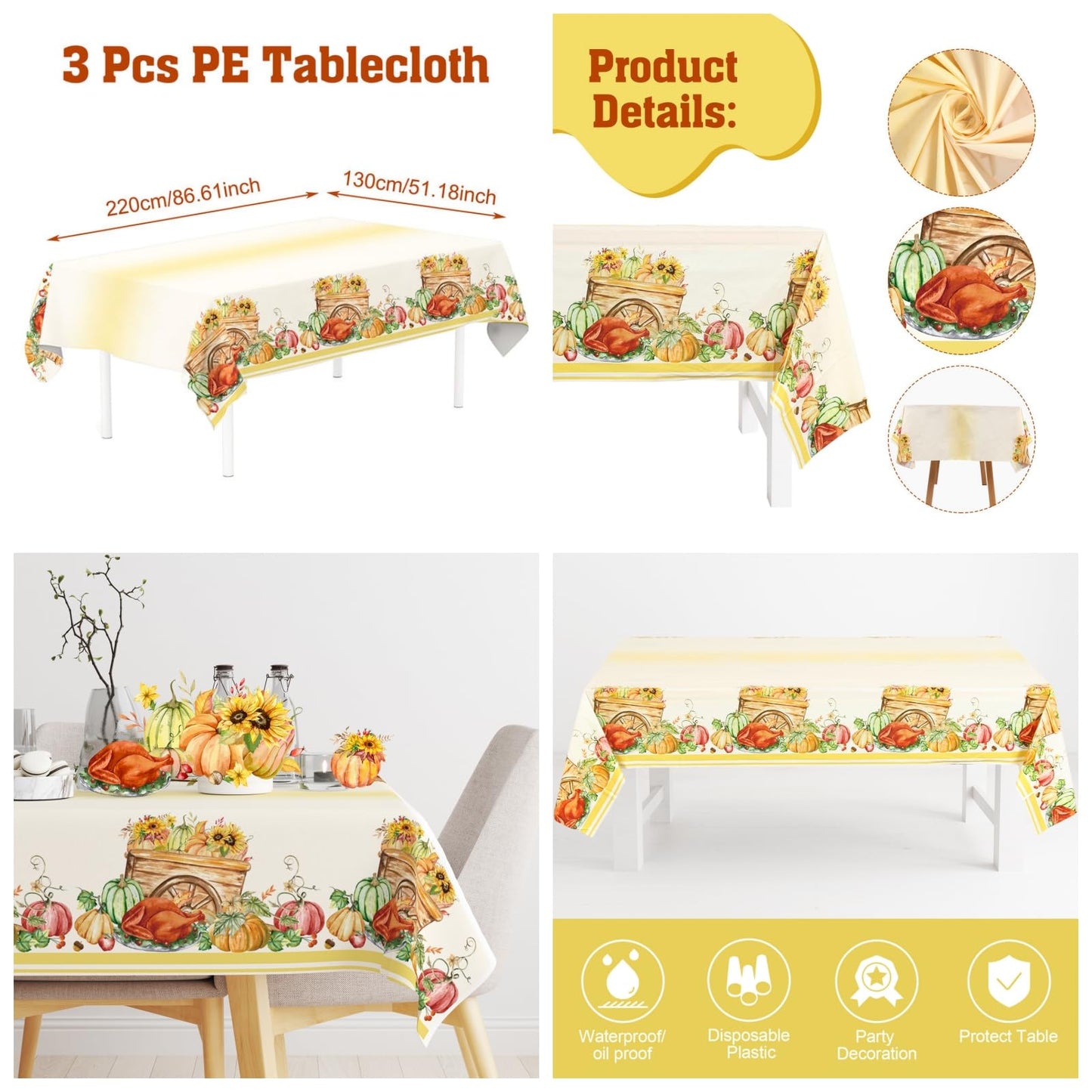 3PCS Fall Tablecloths, Thanksgiving Autumn Harvest Orange Pumpkin Flower Turkey Table Cover for Home Kitchen Party Picnic Thanks