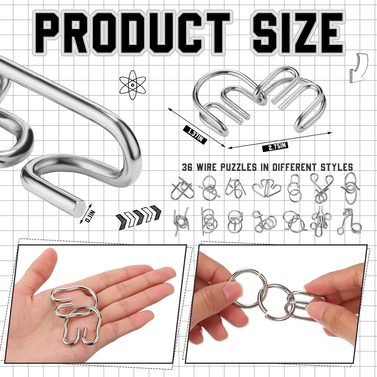 Yilloog Metal Brain Teaser Puzzles Set of 36 with Pouch  Steel IQ Games Physics Mind Metal Puzzles for mature-themeds Basket Stocking Stuffers for Boys Girls mature-themeds Challenge Gifts (Classic)