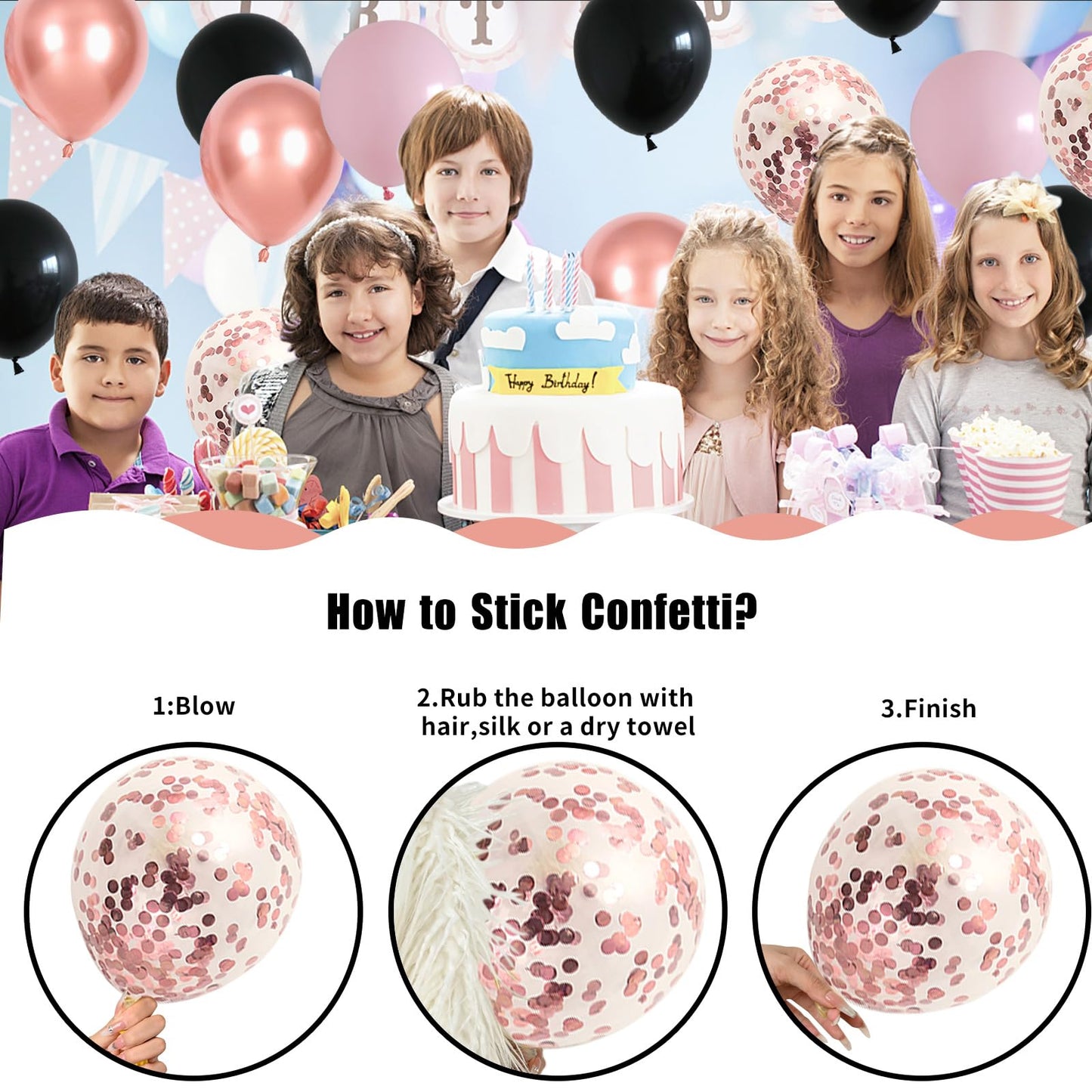 Jobkoo Pink & Black 55Pcs Balloon Set (12Inch) - Rose Gold Confetti, Female Gift, Ideal For Wedding, Birthday, Party Decoration