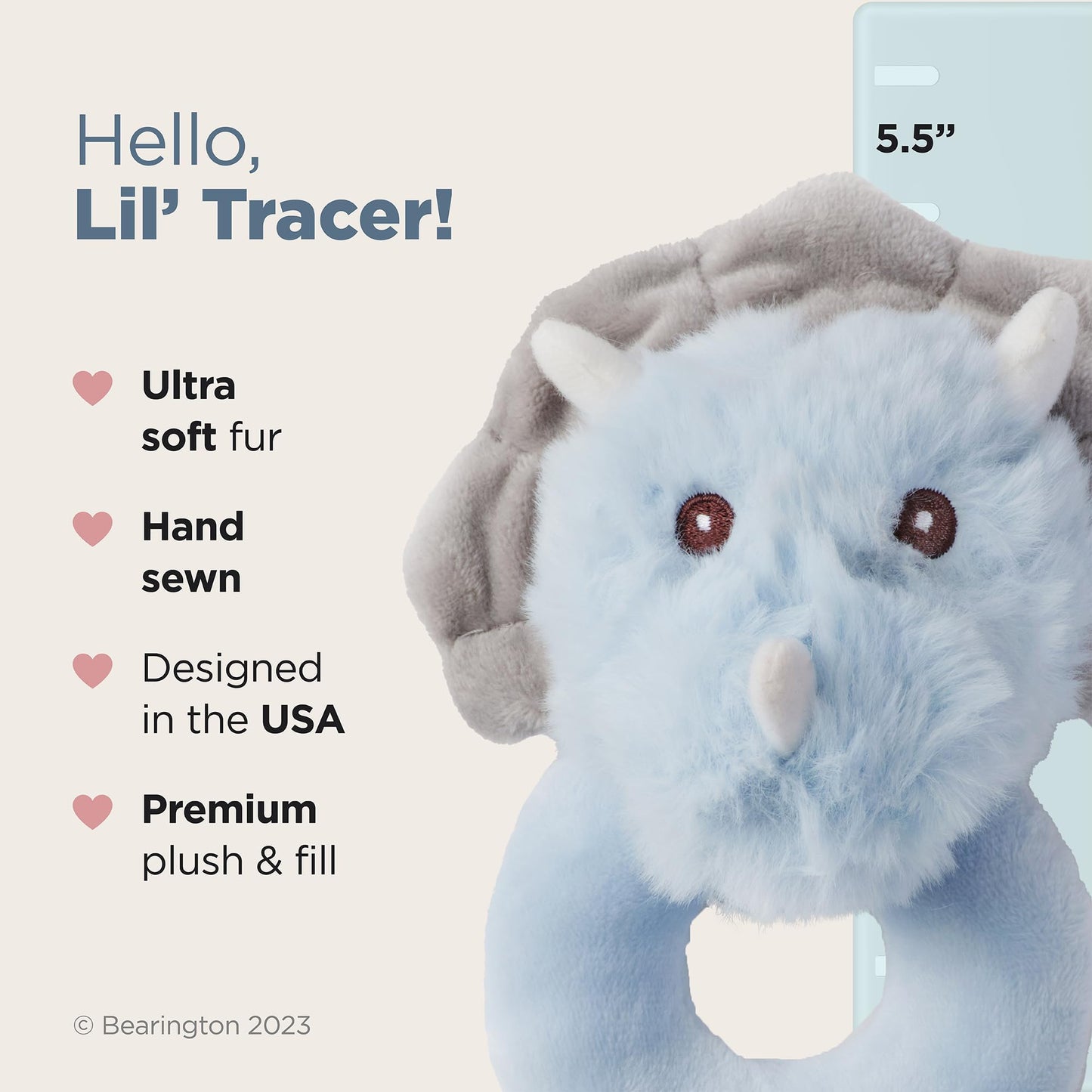 Bearington Lil' Tracer Plush Stuffed Animal Dinosaur Soft Ring Rattle, 5.5 Inch