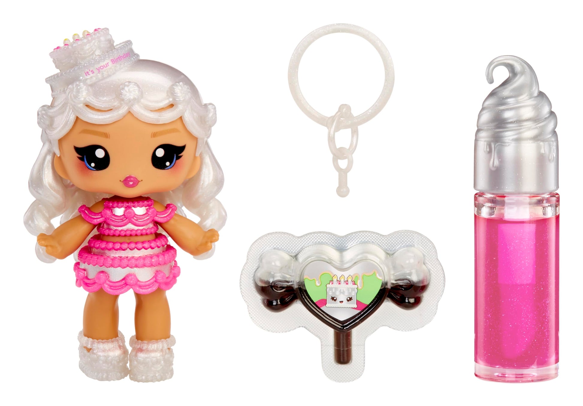 Yummiland Lip Gloss Doll: Sour Sweeties - Misty Cakes Includes DIY Lip Gloss + Removable Keychain, Cosmetic Play, Collectible, A
