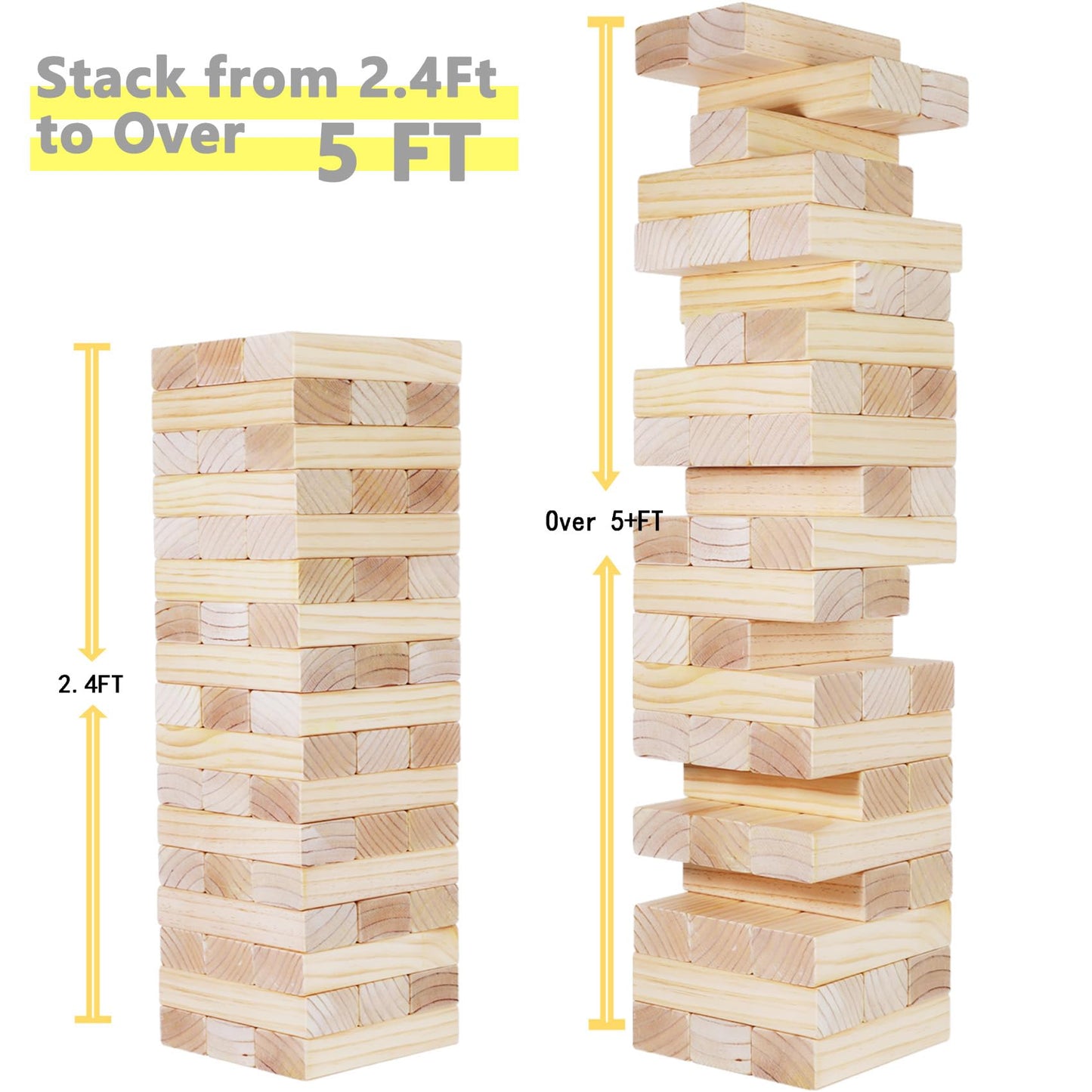Gorock Large Size Tumble Tower 60 Pcs Wooden Block Stacking Games Stacks Over 5Ft Classic Indoor Outdoor Lawn Family Party Games