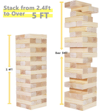 Gorock Large Size Tumble Tower 60 Pcs Wooden Block Stacking Games Stacks Over 5Ft Classic Indoor Outdoor Lawn Family Party Games