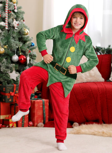 Iimmer Christmas Kids Warm Party Elf Pullove Jumpsuit Santa'S Helper Hodded Ugly Onesie Red And Green 8 Years
