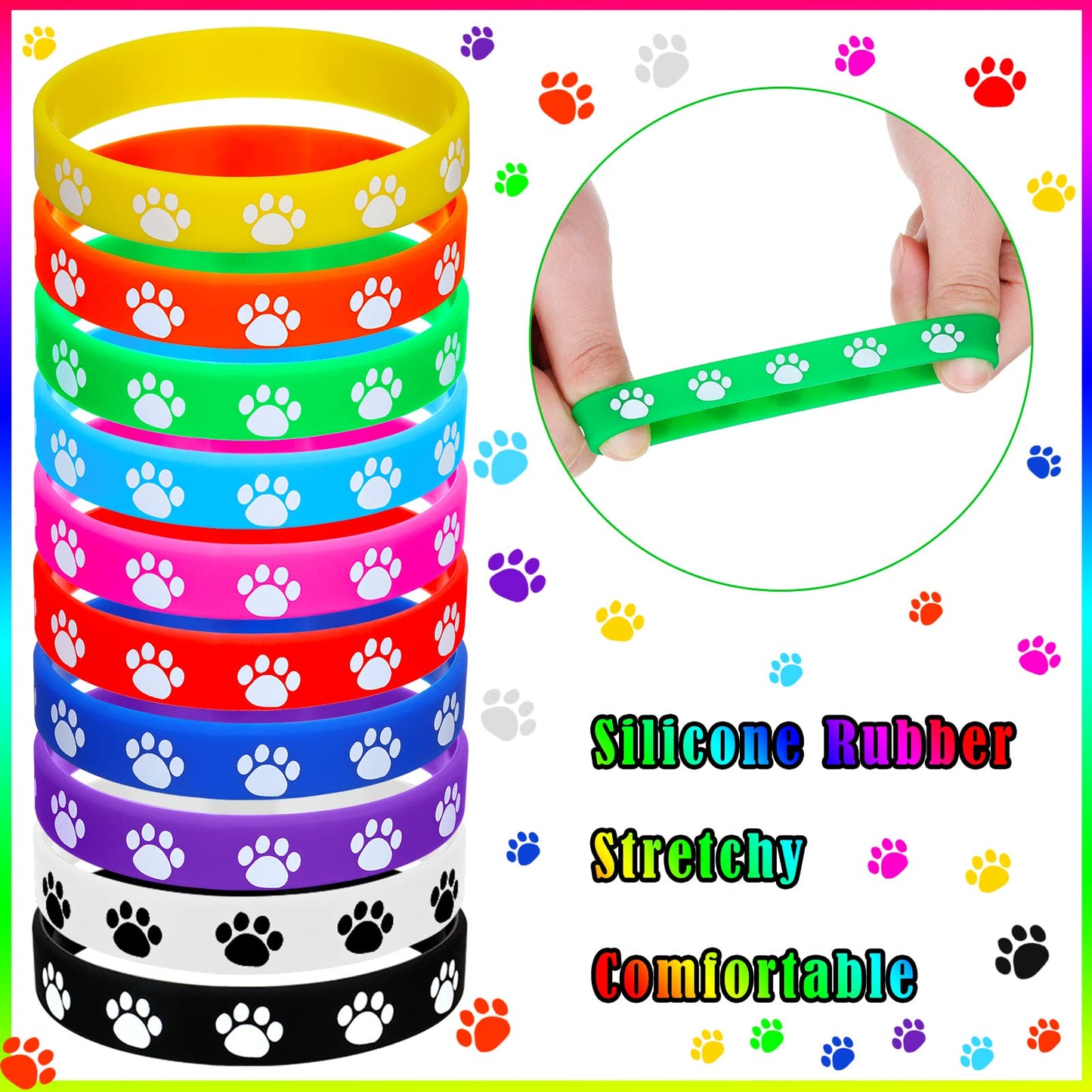 Funtery 100 Pcs Paw Print Rubber Bracelet Silicone Stretch Wristbands Dog Paw Silicone Bracelet Rubber Wristbands Dog Party Favo