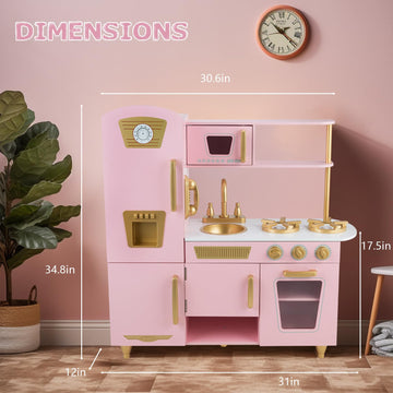 WoodenEdu Kitchen Playset for Kids Ages 3-8, Wooden Pretend Play Kitchen, Including Telephone, Ice Maker, Refrigerator, Dimensio