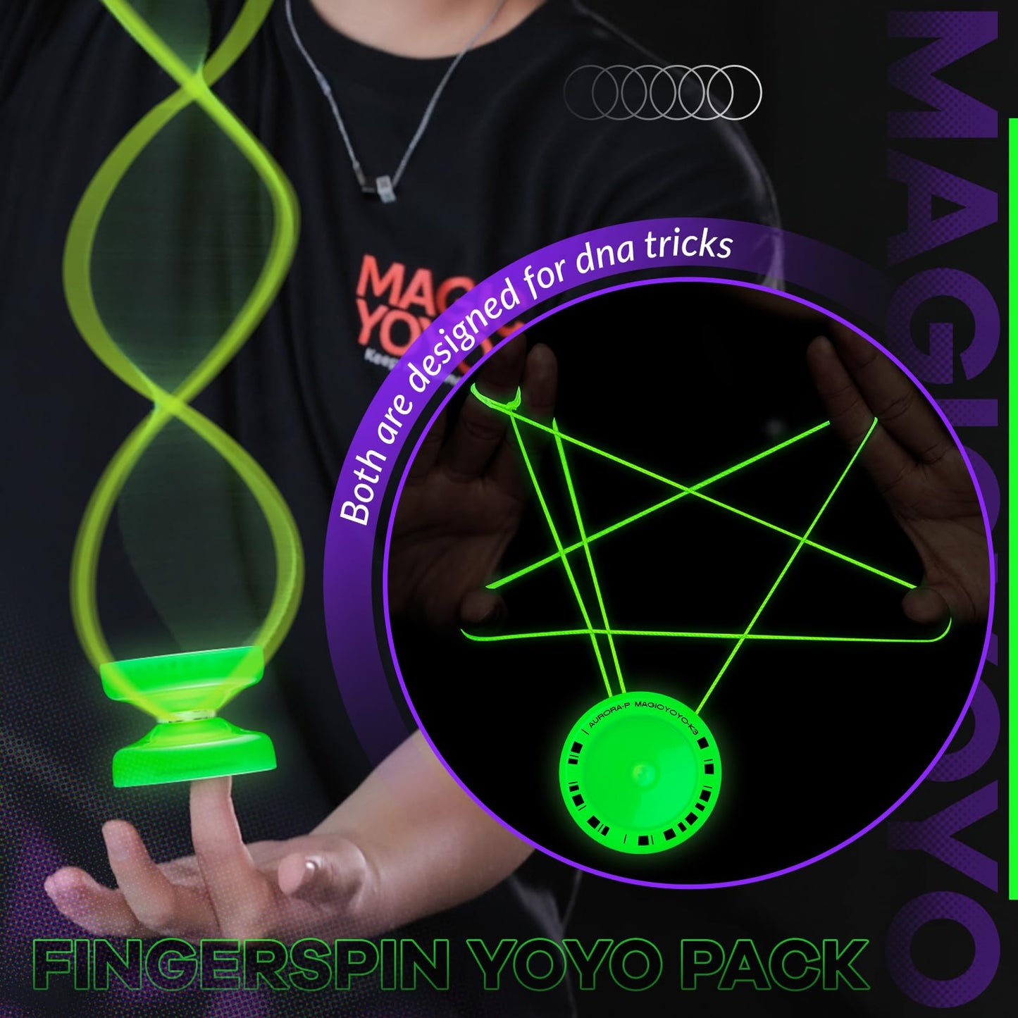MAGICYOYO Fingerspin Yoyo Glow-in The Dark  Dual Purpose Responsive & Unresponsive Yoyo for Kids 8-12  Plastic Professional Yo Yos for mature-themeds  Complete yo-yo Accessories Included (K2+K3 Glow Green)