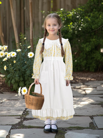 FORTMAC Prairie Dress Girls Pioneer Colonial Costume Floral 1800s Pilgrim Costume with Apron and Bonnet Yellow 7-8Y