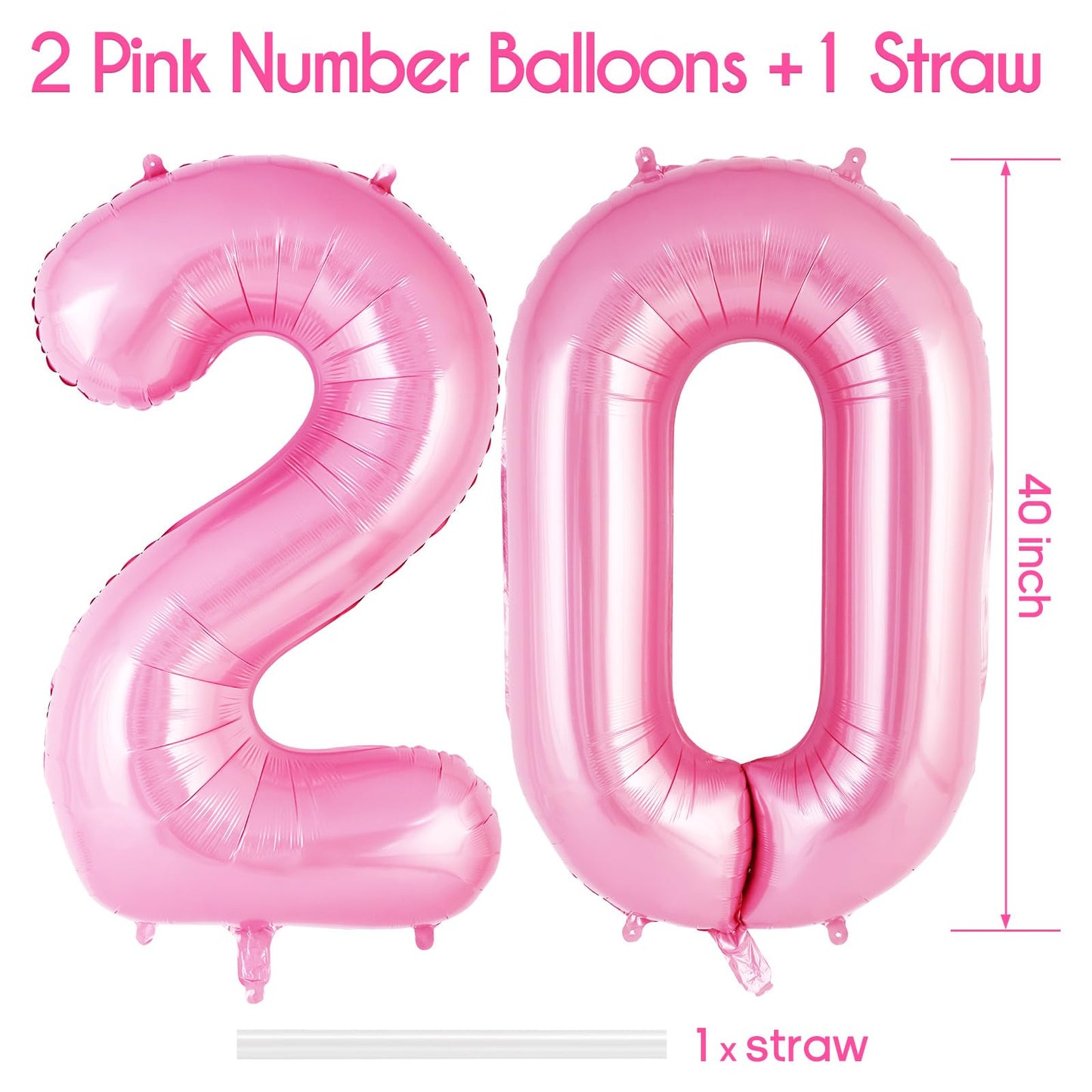 Pink Number 20 Balloon, 40 Inch Big Large Foil Helium Number Balloons, Giant Mylar Number 20 Balloons For 20 Year Old Birthday P