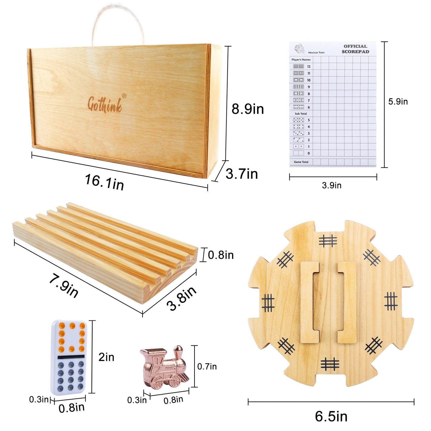 Gothink Mexican Train Dominoes Set, 91 Tiles Double 12 Dominos Set For Adults And Family, With Wooden Trays*8, Metal Trains*9, Wooden Hub & Scoreboards, Dominoes Tile Board Game In Storage Case Games