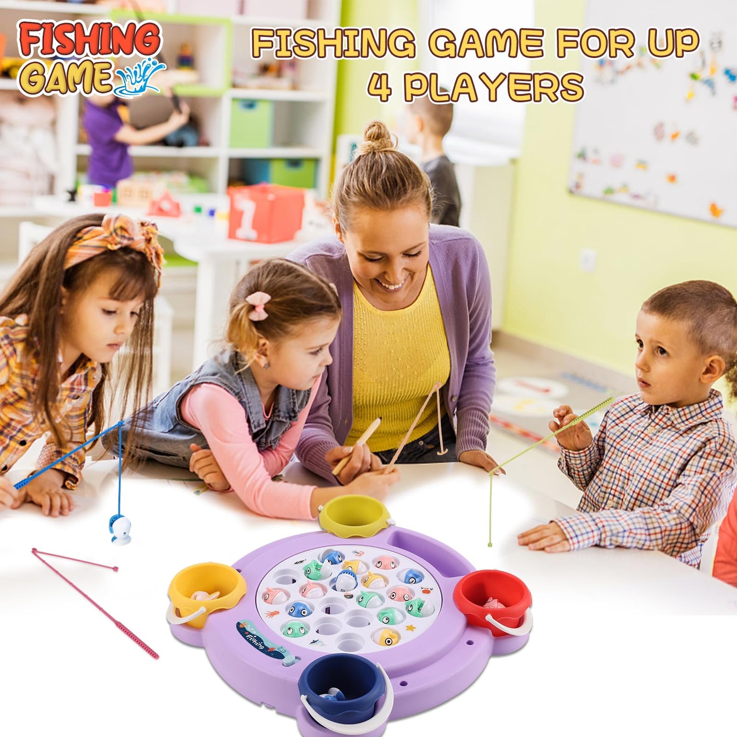 Pakoo Magnetic Fishing Game Toys, Rotating Board Game With Music Including 21 Fishes, 4 Random Color Fishing Poles And 4 Small Fish Buckets, Party Game Toys For Kids Age 4 5 6 7 8 And Up