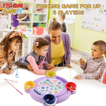 Pakoo Magnetic Fishing Game Toys, Rotating Board Game With Music Including 21 Fishes, 4 Random Color Fishing Poles And 4 Small Fish Buckets, Party Game Toys For Kids Age 4 5 6 7 8 And Up