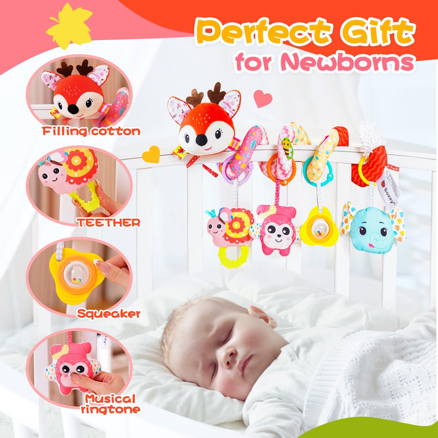 Car Seat Toys, Cute Deer Car Seat Toys For Babies 0-6 Months Boy, Stroller Toys With Crinkle, Teether, Music Box, Rattle, Bb Squ
