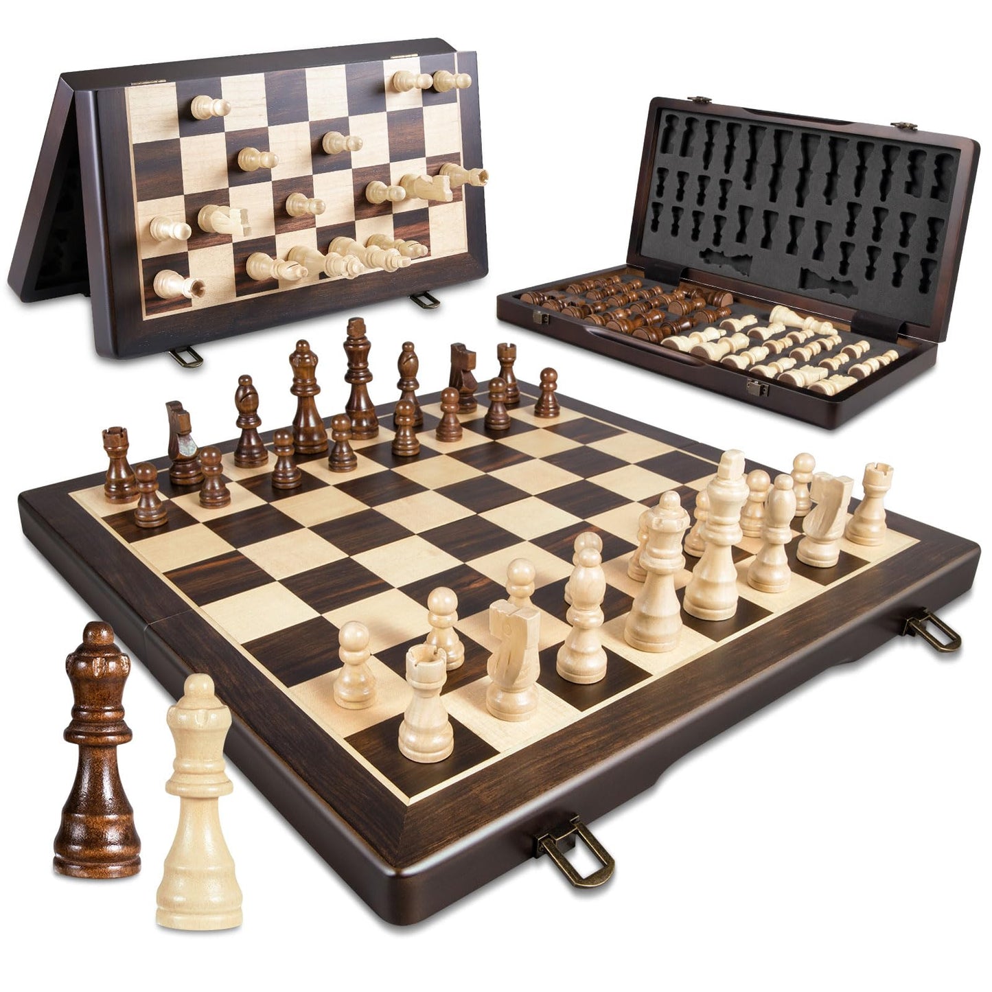 Elongdi Magnetic Wooden Chess Set For Adults Kids,15' Folding Chess Board With Wood Texture 2 Extra Queens - Handmade Pieces Travel Board Games For Professional Beginner
