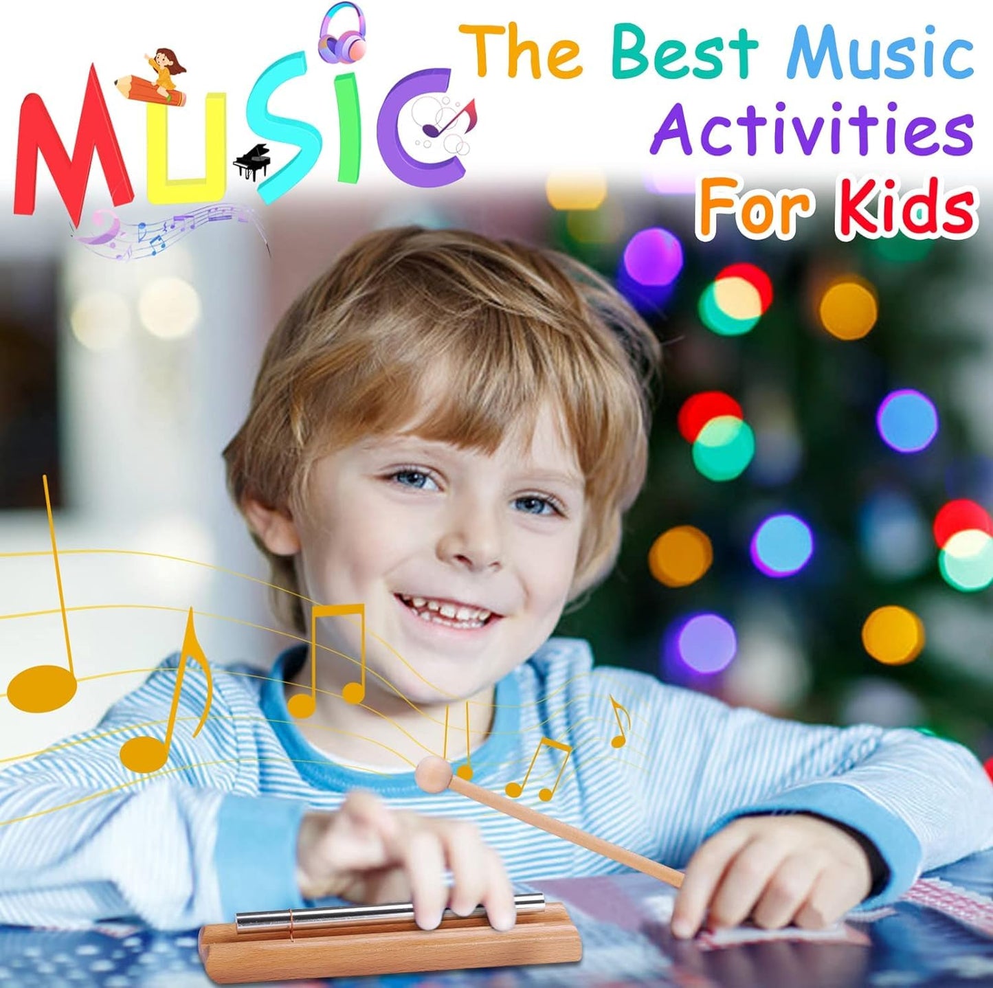 LOOIKOOS Toddler Musical Instruments Set - Eco-Friendly Wooden Percussion Toys, 12" Brown, Includes Storage Bag for Preschool Kids