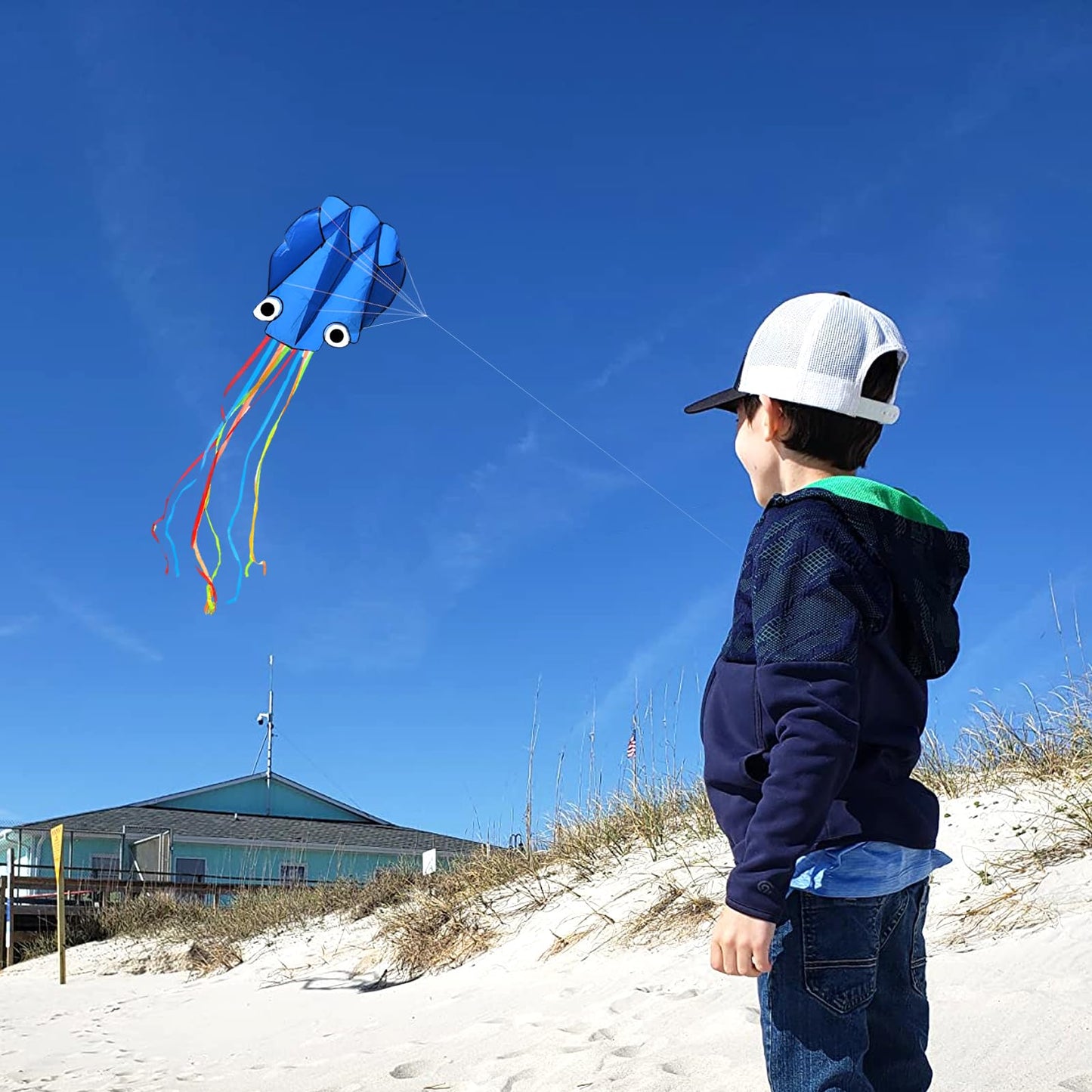 Kaiciuss Octopus Kite with Reel Set, Easy to Fly for Kids & Adults, Single Line Frameless with 7.2 Inch Reel Winder Kit (Blue)