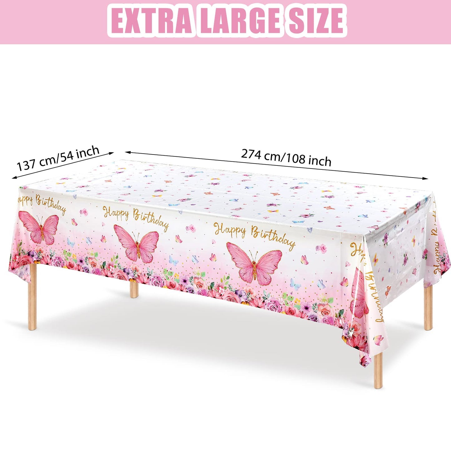 Butterfly Happy Birthday Tablecloth, Butterfly Party Decoration Rectangular Watercolor Butterfly Table Cover Spring Themed Plast