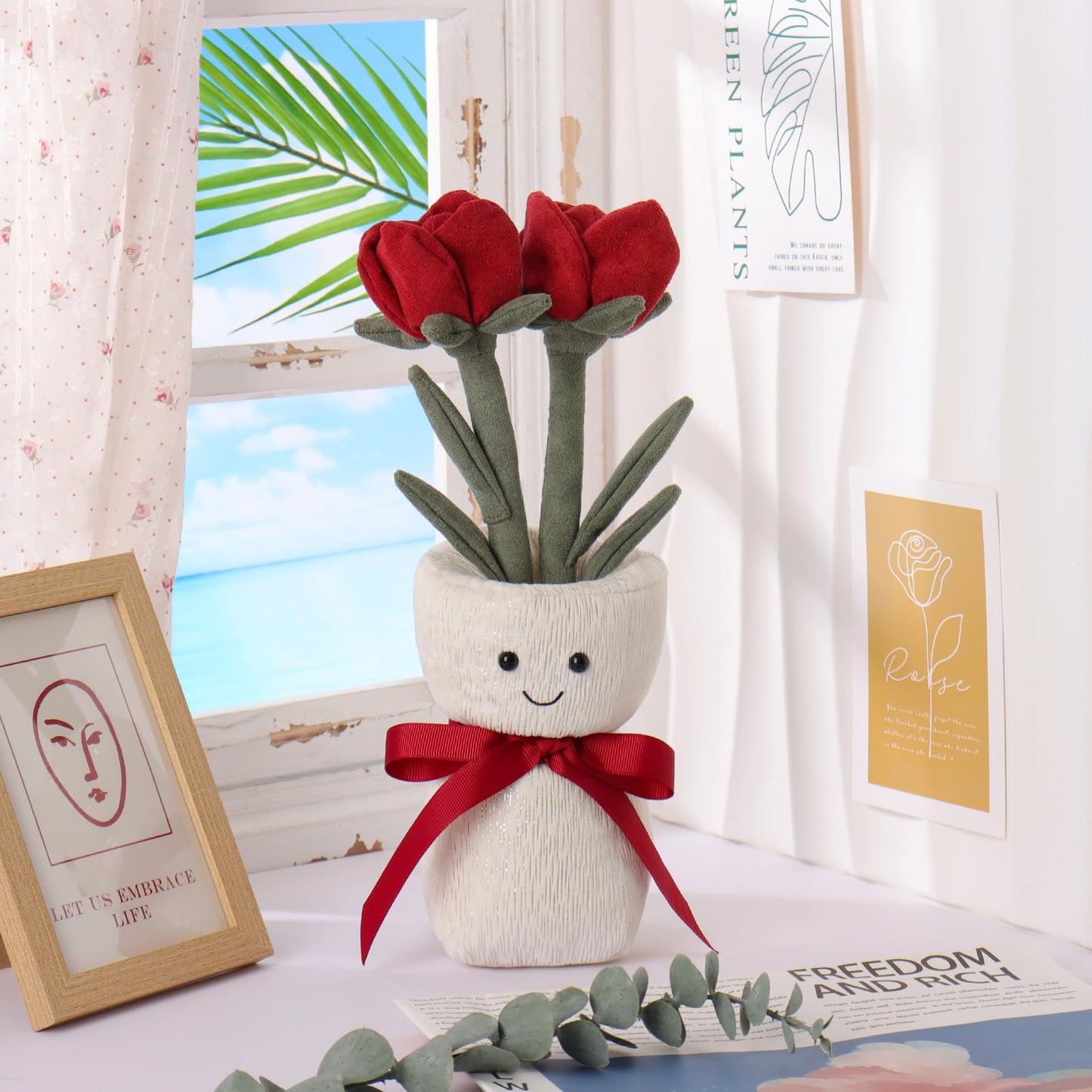 Apricot Lamb Rose Vase Plush Stuffed Flowers For Kids, Soft Cute Plushies Toys For Baby Girl And Boy, Fluffy Rose Vase Red 11.9