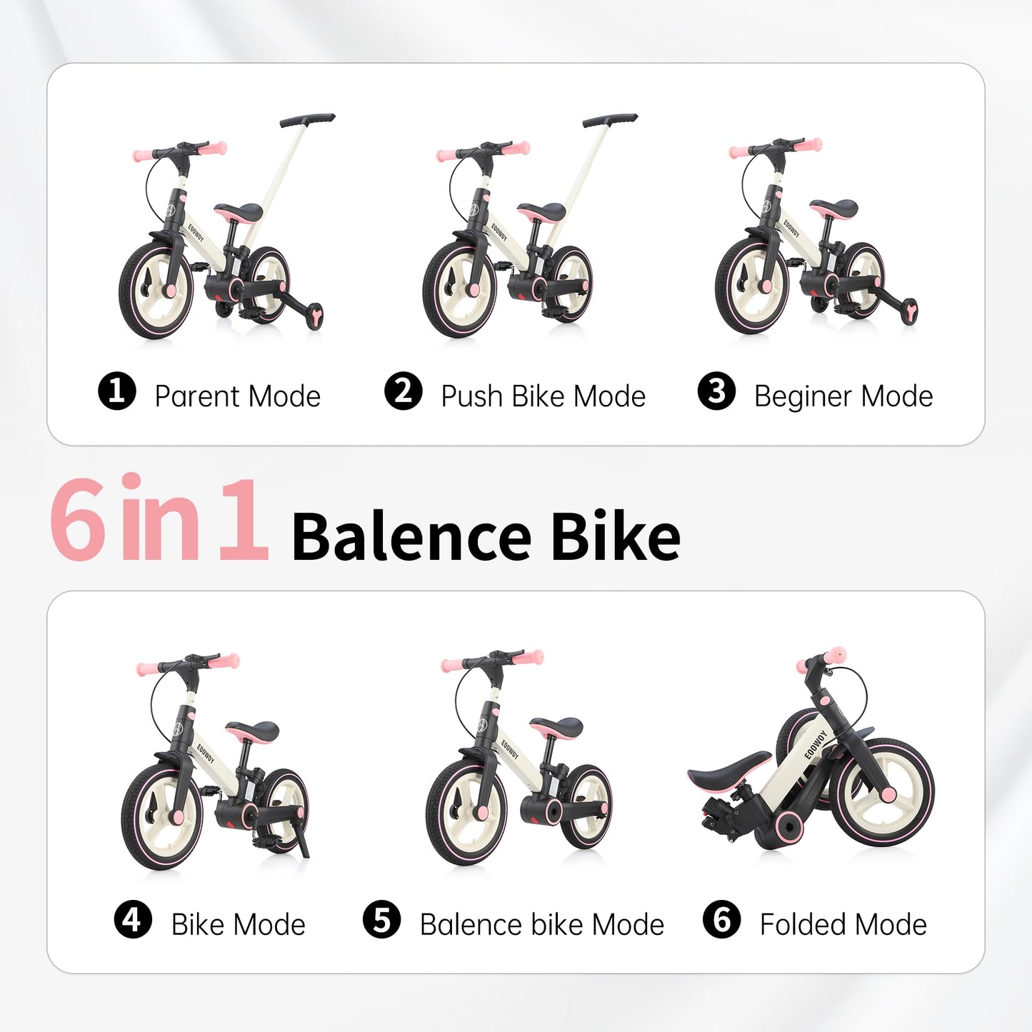 Eoowoy Balance Bike With Push Handle For Kids 18-60 Months, 6 In 1 Foldable Push Bike With Training Wheels & Pedals, Balance Bic
