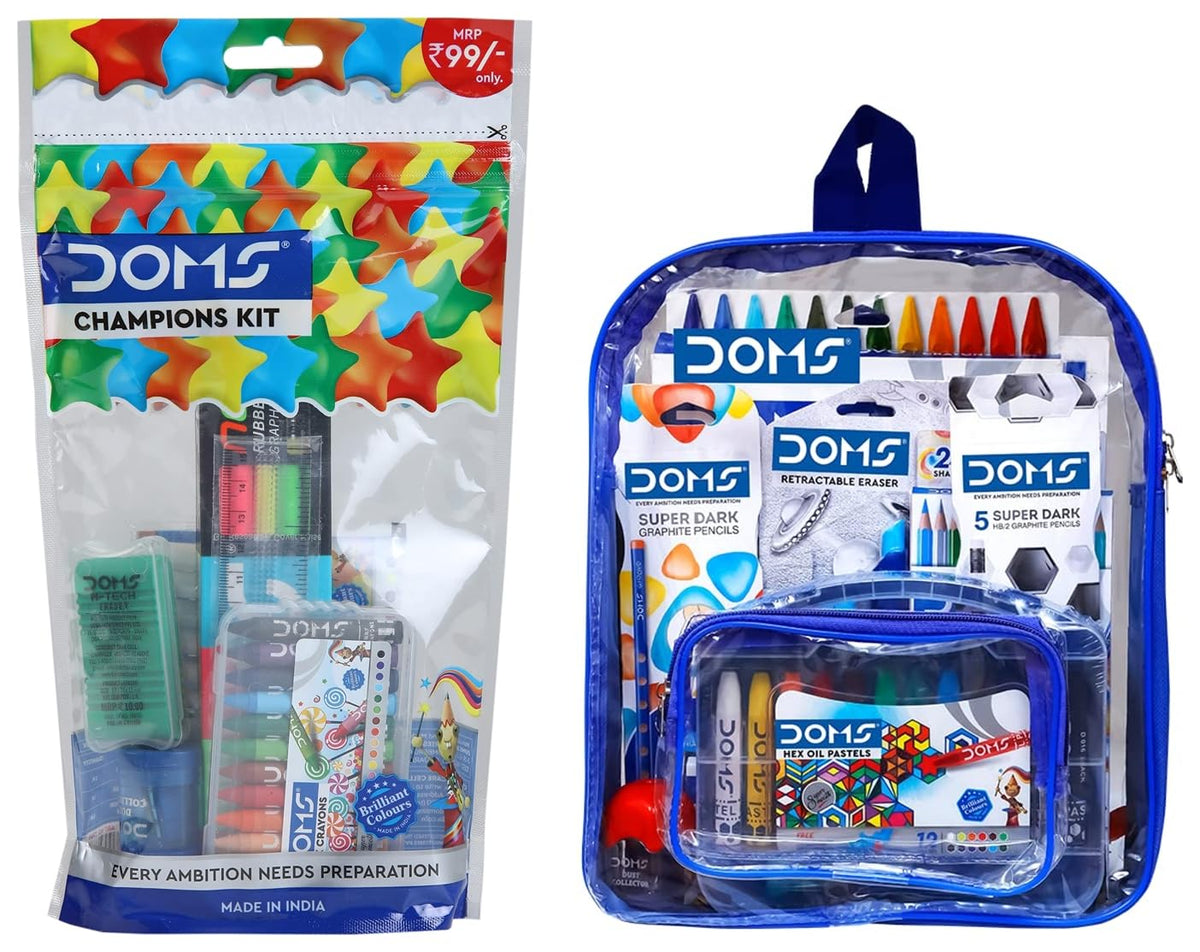 Doms Smart Stationery Kit (12 pcs in KIT) with Transparent Zipper Bag Champions Kit, Multicolour (7760)