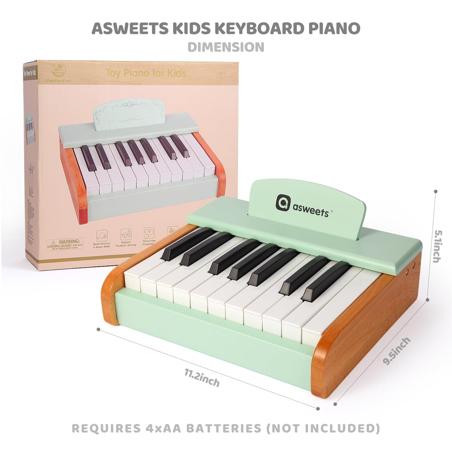 Asweets 18 Keys Piano Keyboard For Kids, Toddler Music Educational Instrument Toy, Wooden Piano For Toddlers Girls & Boys (Green
