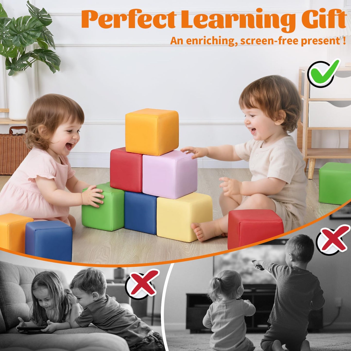 TODIBY Foam Building Blocks for Toddlers:12-Pieces Wipeable Leather Stacking Cubes Kids - Large Soft Toys Play Set for Learning Construction Baby Preschool Daycare Therapy Birthday Gift (Rainbow)