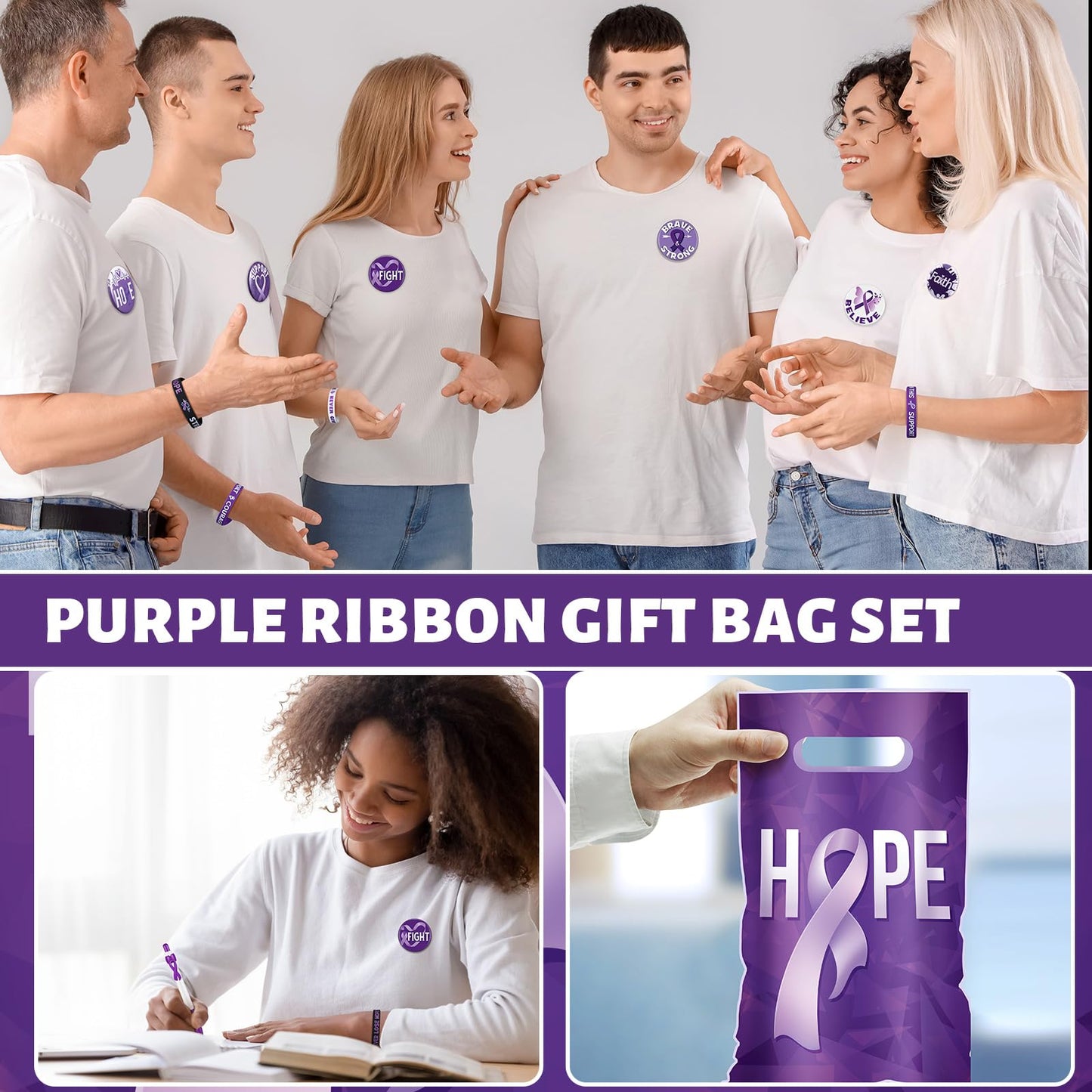 Supervitae 200 Pcs Purple Ribbon Awareness Accessories, Include 50 Purple Ribbon Gift Bags 50 Purple Awareness Wristband 50 Purp