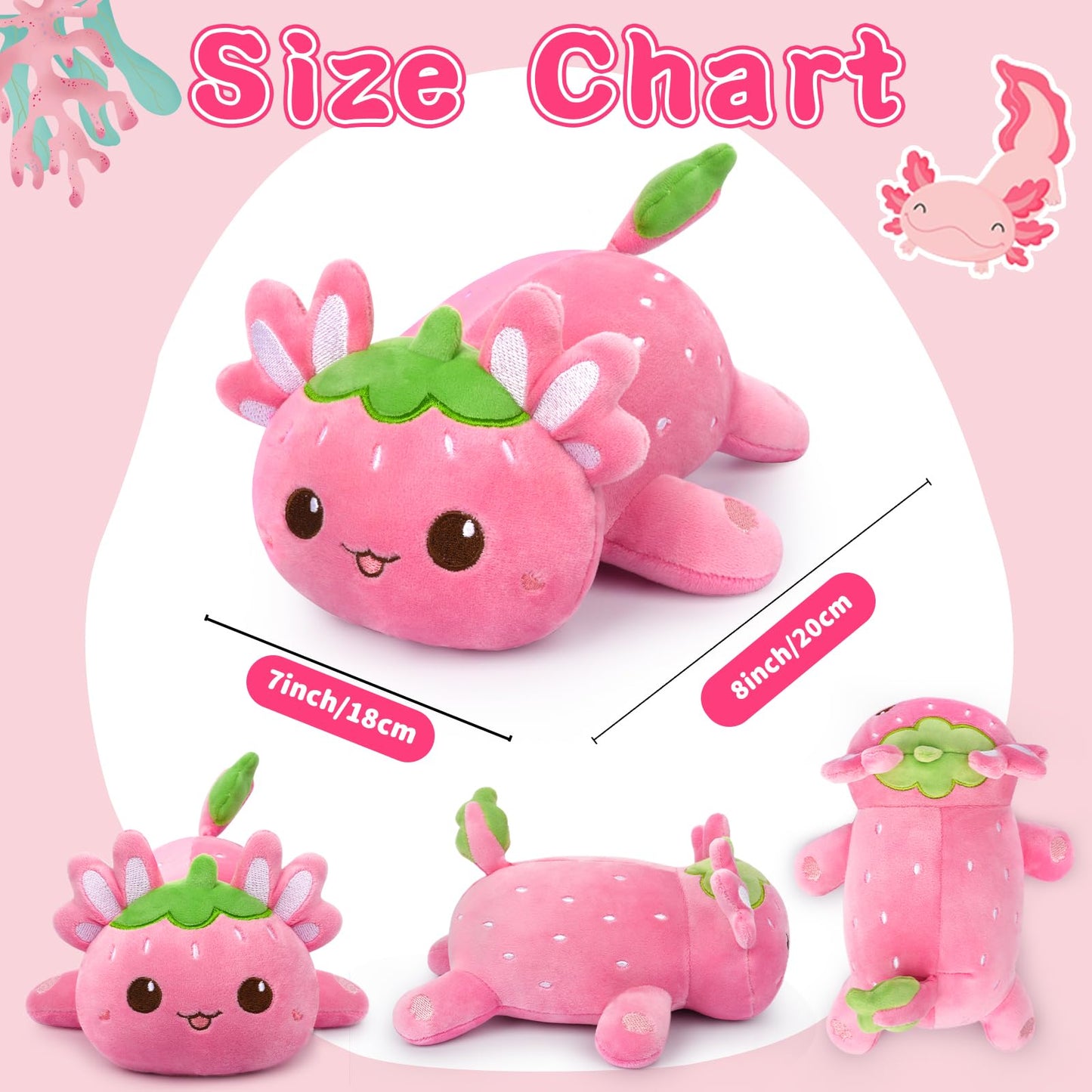 Hkojewp Axolotl Plush - Soft 8-Inch Strawberry Stuffed Animal, Kawaii Design, Great Gift for Kids, Cotton Material