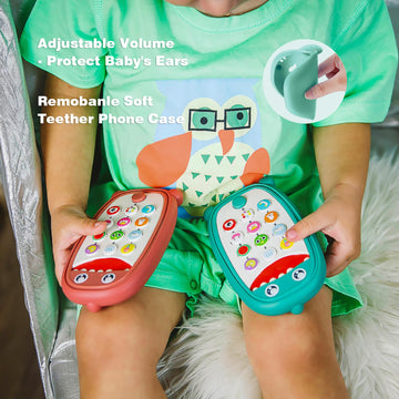 Baby Dinosaur Cell Phone Toy Removable Soft Teether Case, Lights, Music & Adjustable Volume Kids Play & Learn Pretend Phone Infa