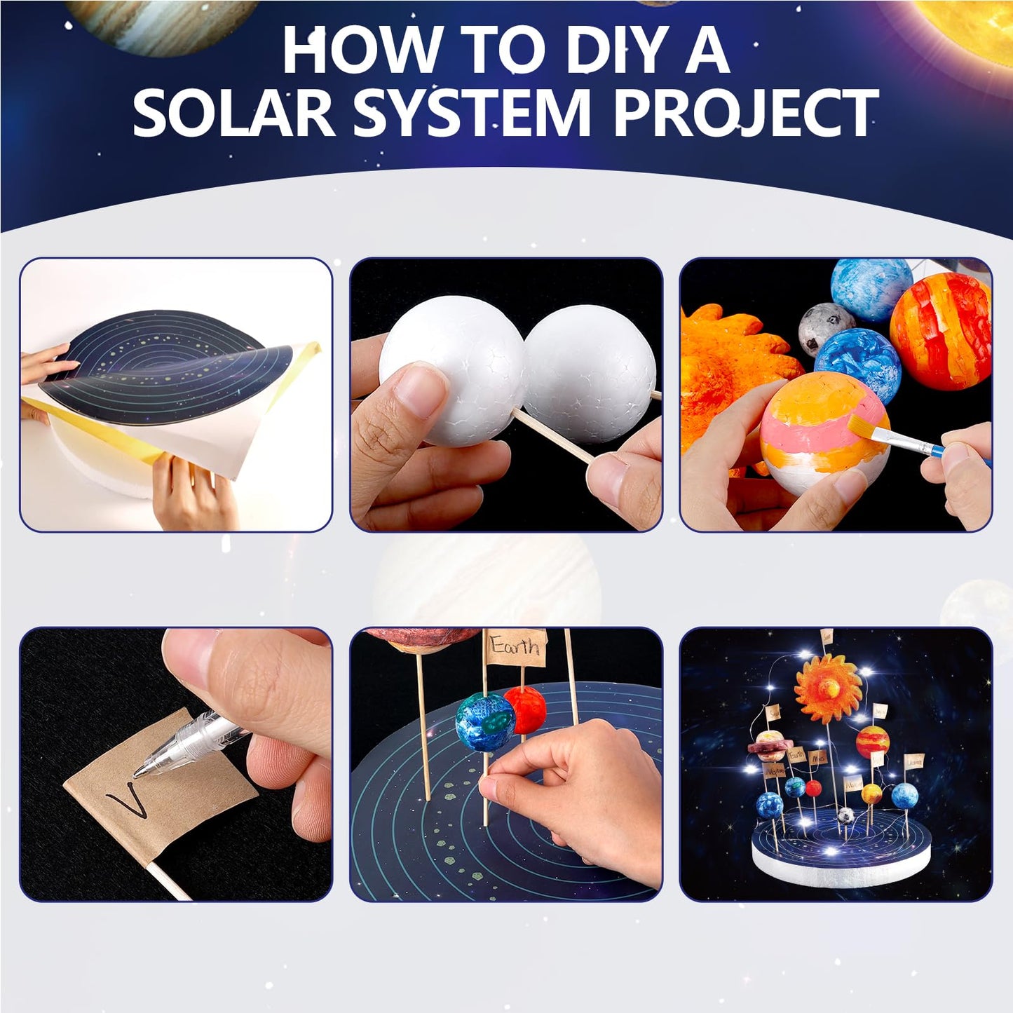Pllieay Solar System Model Kit, Includes Small Light String, Foam Cylinder, Mixed Sized Foam Balls, Planetary Track Sticker And